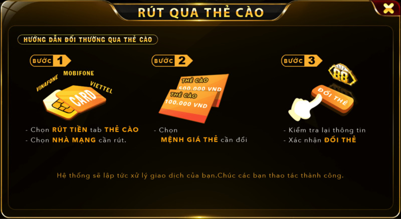 Rút tiền qua thẻ cào tại Go88